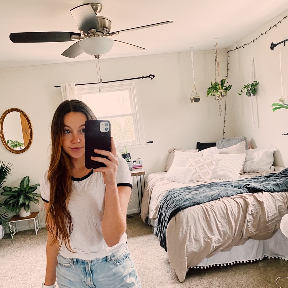 White tee with navy details